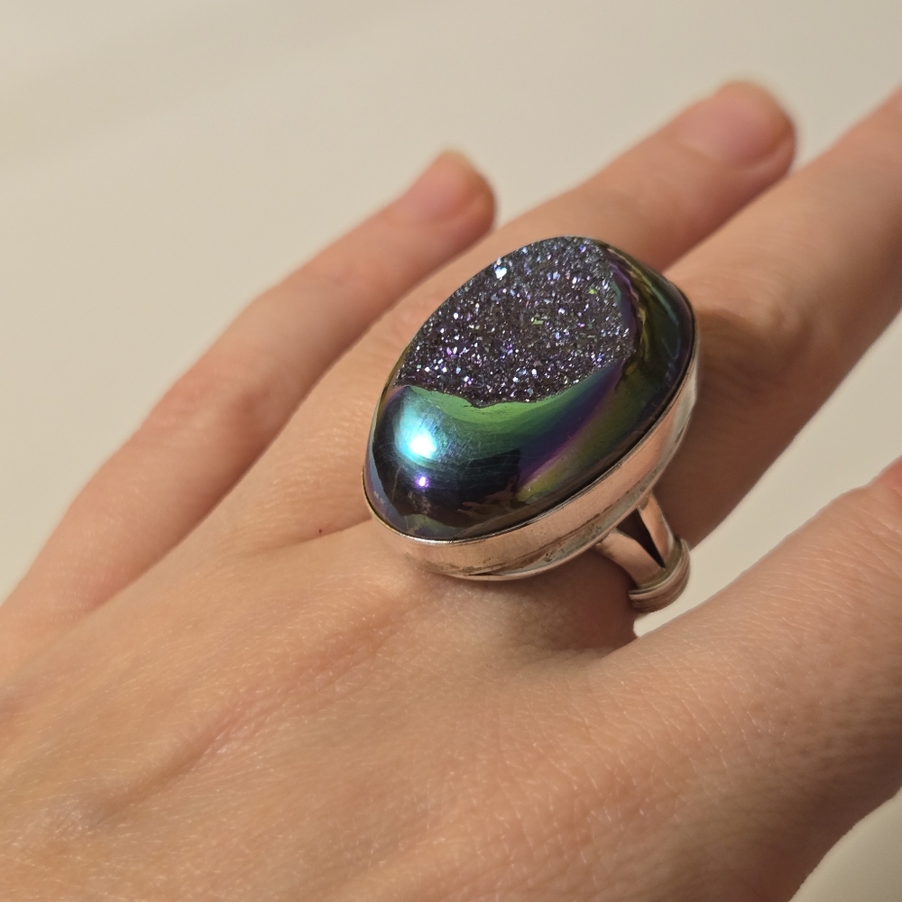 Silver Rainbow Purple Druzy Ring Dragon Egg Size 6 Western Grunge